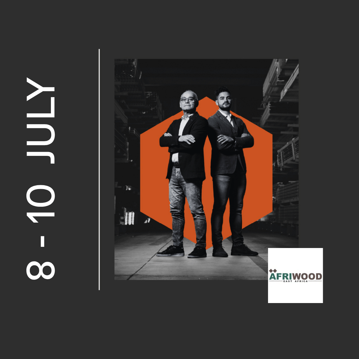 Incoplan Drying kiln founders standing on an hallway of their production site, with dates of the event and afriwood logo
